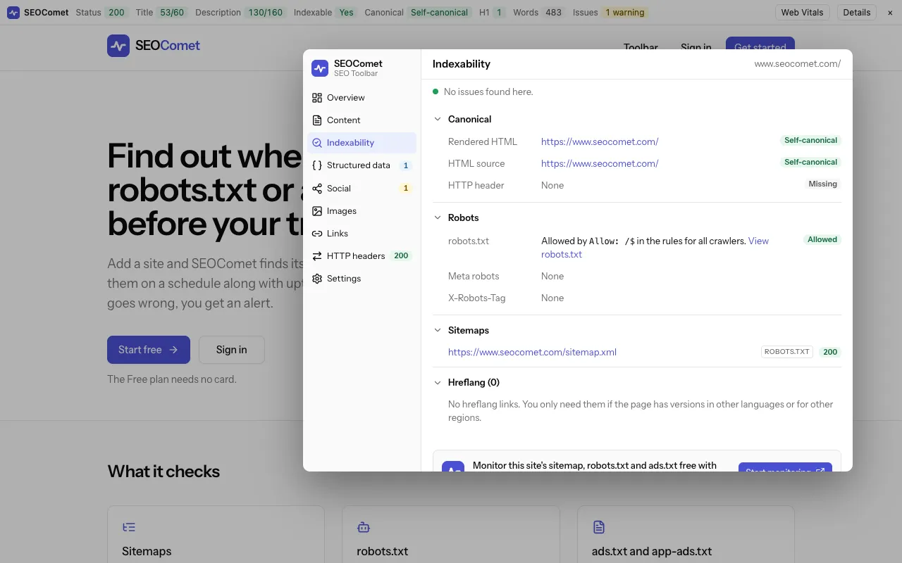 The Indexability tab: the canonical is self-canonical in the rendered HTML and the HTML source and missing from the HTTP header, robots.txt allows the page, there is no meta robots or X-Robots-Tag, one sitemap was found through robots.txt, and there are no hreflang links.