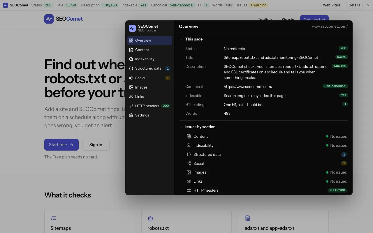 The same Overview tab in the dark theme, with the SEO bar above the page.