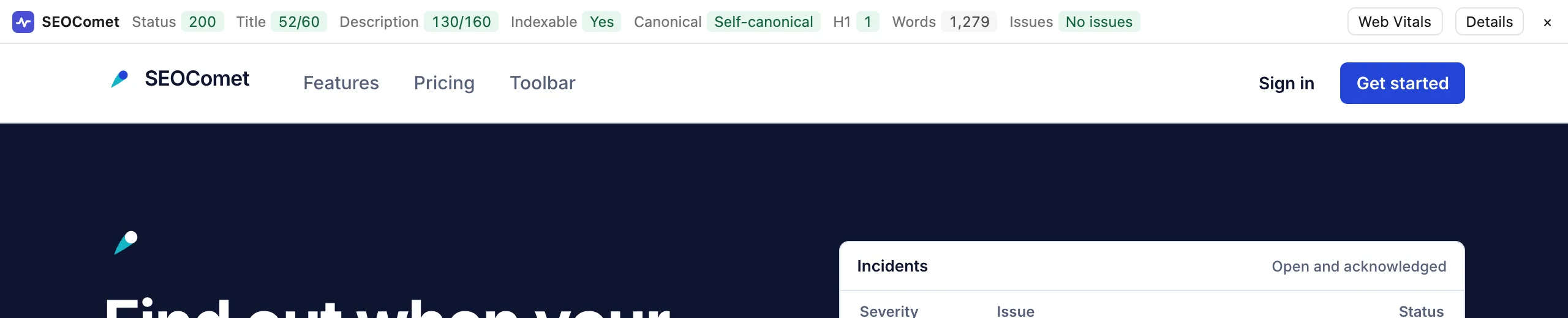 The SEO bar across the top of www.seocomet.com: status 200, title 52 of 60, description 130 of 160, indexable yes, self-canonical, one H1, 1,279 words and no issues, with Web Vitals and Details buttons and a close button on the right.
