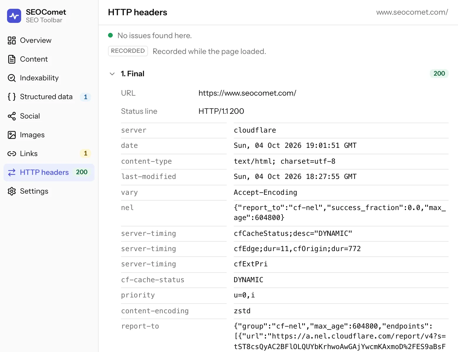The HTTP headers tab: a single final response for https://www.seocomet.com/ with status HTTP/1.1 200, followed by its headers, including server, date, content-type, last-modified, vary and cf-cache-status.