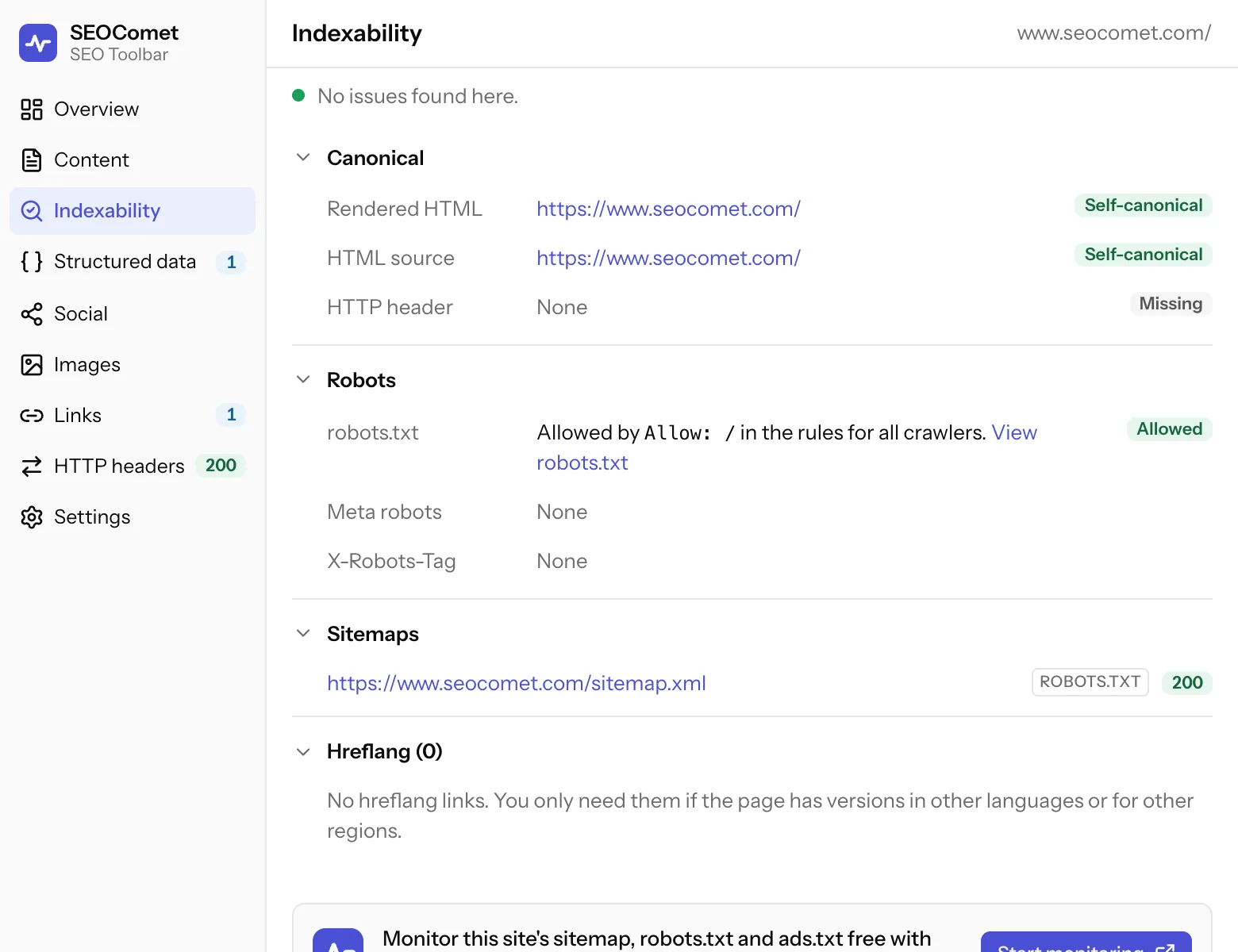 The Indexability tab: the canonical is self-canonical in the rendered HTML and the HTML source and missing from the HTTP header, robots.txt allows the page, no meta robots or X-Robots-Tag, one sitemap found through robots.txt, and no hreflang links.