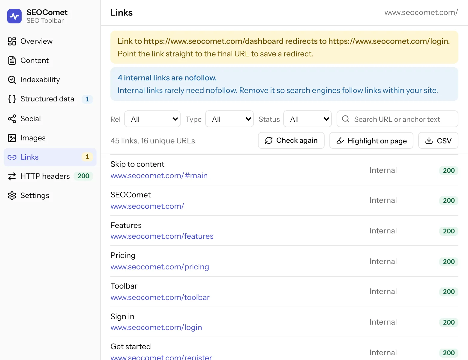 The Links tab: a warning that a link to /dashboard redirects to /login, a note that 4 internal links are nofollow, filters for rel, type and status, a search box, Check again, Highlight on page and CSV buttons, and the list of 45 links each with status 200.
