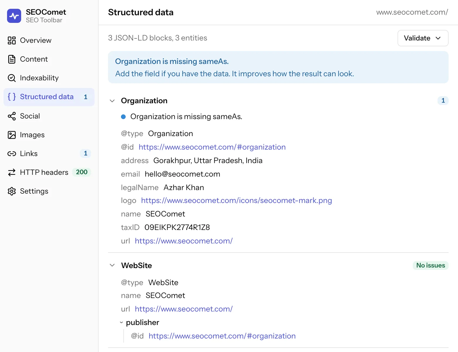The Structured data tab: 3 JSON-LD blocks with 3 entities, a note that Organization is missing sameAs, the Organization fields as a tree, and a WebSite entity with no issues. A Validate menu sits top right.